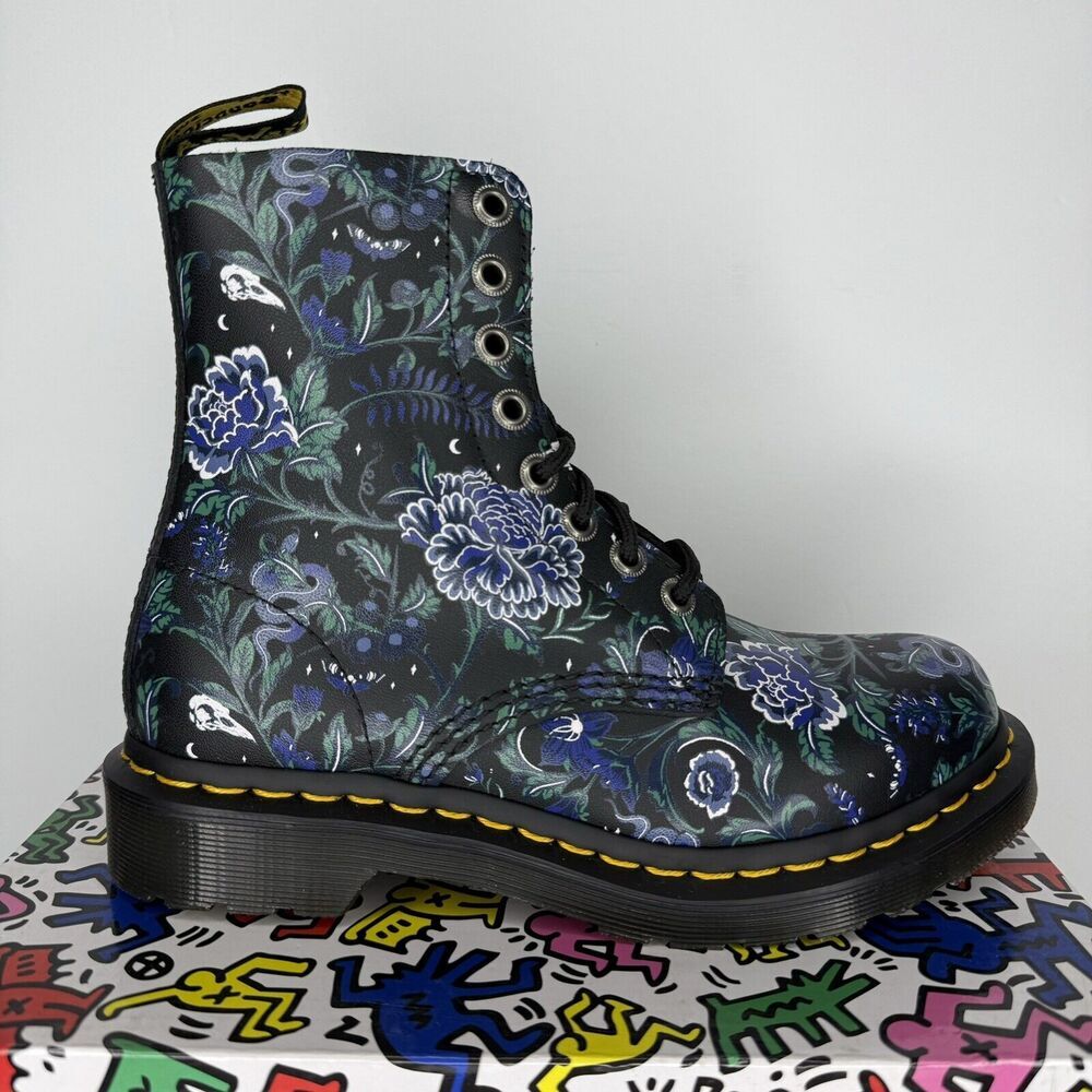 Dr. Martens Black Floral Leather Lace-Up Ankle Boots